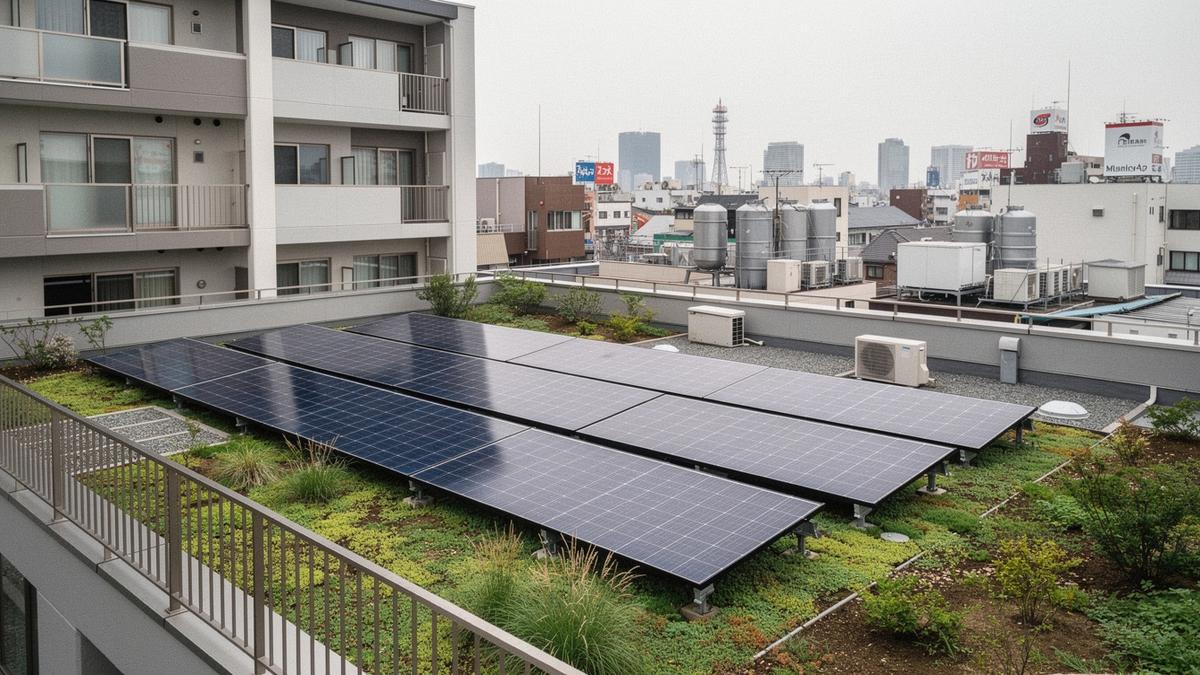 Modern mid-rise apartment in Tokyo with rooftop solar panels and a planted green roof terrace